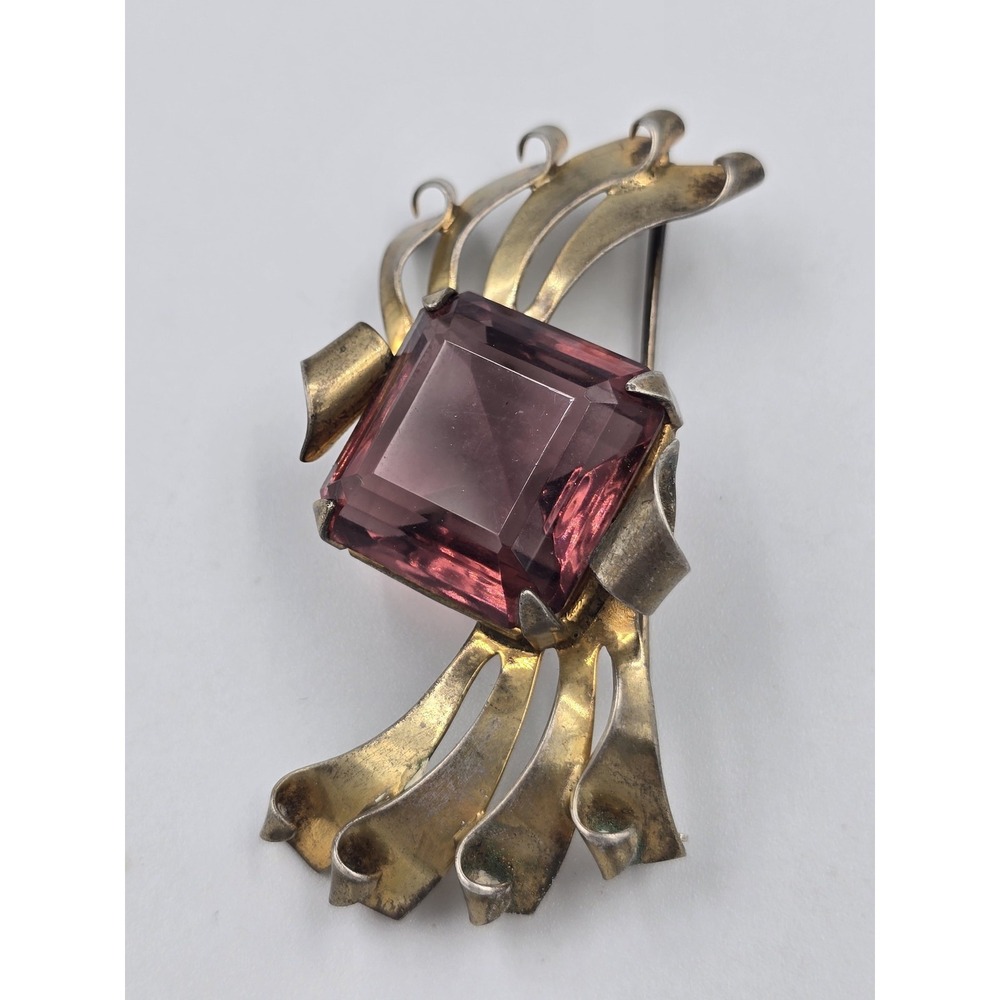 Vintage Sterling Gold Tone Purple Faceted Glass Brooch Pin Art Deco - Picture 3 of 14